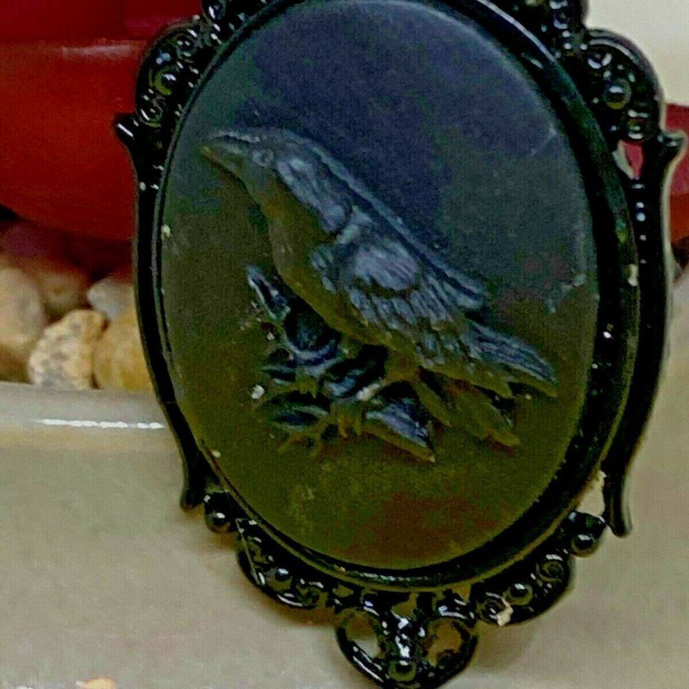 Gothic Raven Black Over Black Cameo Pendant Neckla